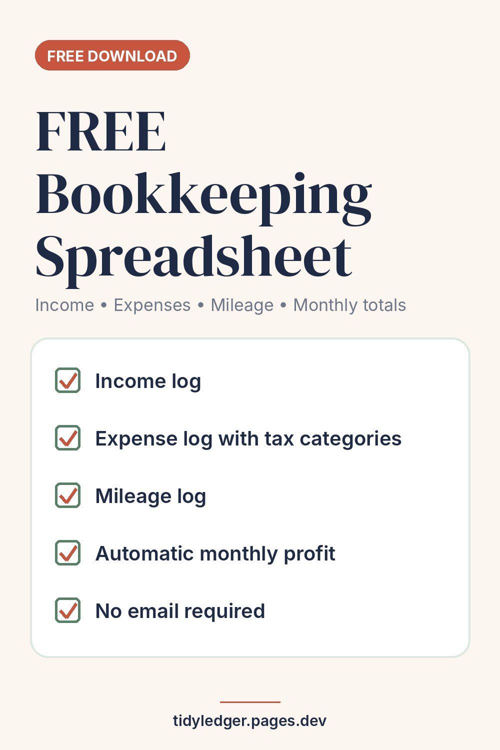 Free bookkeeping spreadsheet checklist: income log, expense log, mileage log, monthly profit, no email required